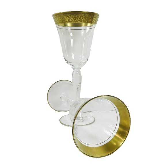 Vintage TWO (2) Tiffin? Minton? Gold Encrusted Band Clear Smooth 6.75" Glasses - Picture 3 of 15